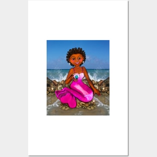 Mermaid Anime mermaid holding a rare black pearl,Afro hair in Bantu knots  and caramel brown skin - light background Posters and Art